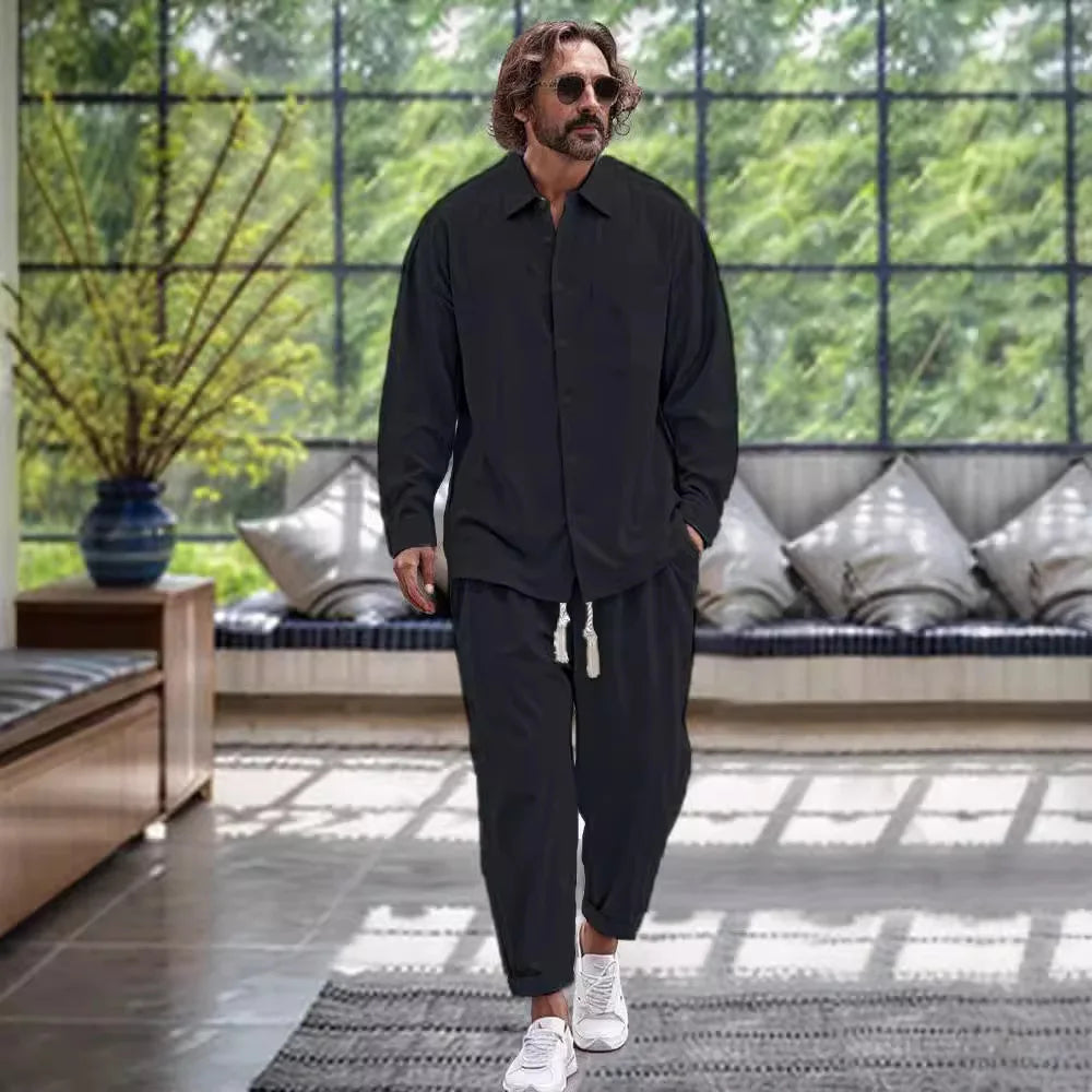 Men's Long-Sleeved Two-Piece Fashion Comfortable Cotton And Linen Casual Pocket Lapel Single-Breasted Loose Street Suit