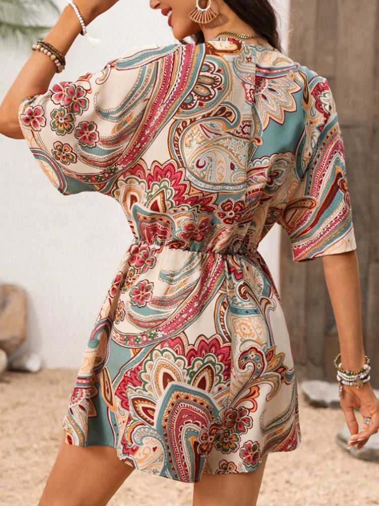 Women's Bohemian holiday style geometric print V-neck wide-leg trousers hidden meat non-bloated jumpsuit