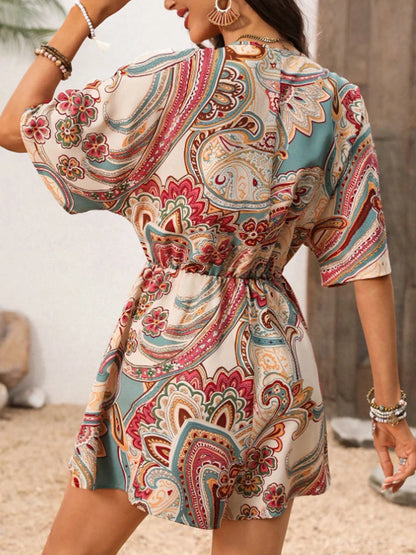 Women's Bohemian holiday style geometric print V-neck wide-leg trousers hidden meat non-bloated jumpsuit