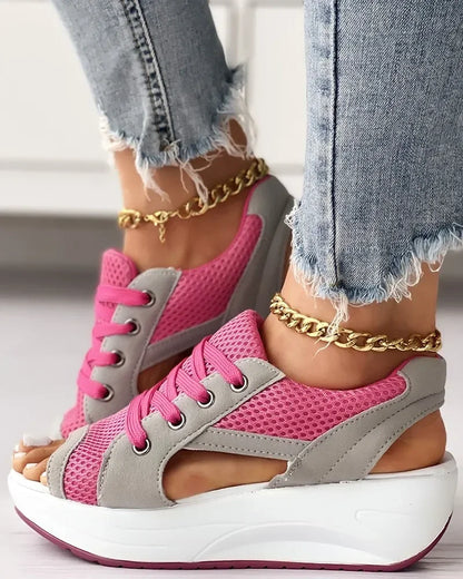 Summer Women Sandales  Shoes Casual Flat Peep Toe Contrast Paneled Cutout Lace-up Muffin Sandals Platform Sport Sneakers