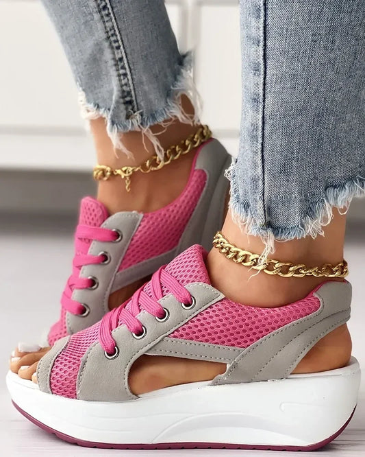 Summer Women Sandales  Shoes Casual Flat Peep Toe Contrast Paneled Cutout Lace-up Muffin Sandals Platform Sport Sneakers