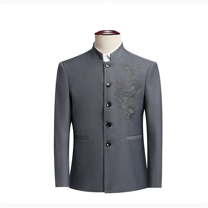 Elegant Black Chinese Dragon Embroidery Pattern Blazer for Men, Slim Fit Single-Breasted Gray Suit Jacket, Asian SizeM-6XL