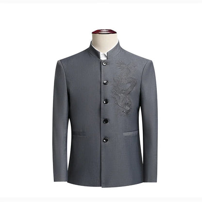 Elegant Black Chinese Dragon Embroidery Pattern Blazer for Men, Slim Fit Single-Breasted Gray Suit Jacket, Asian SizeM-6XL