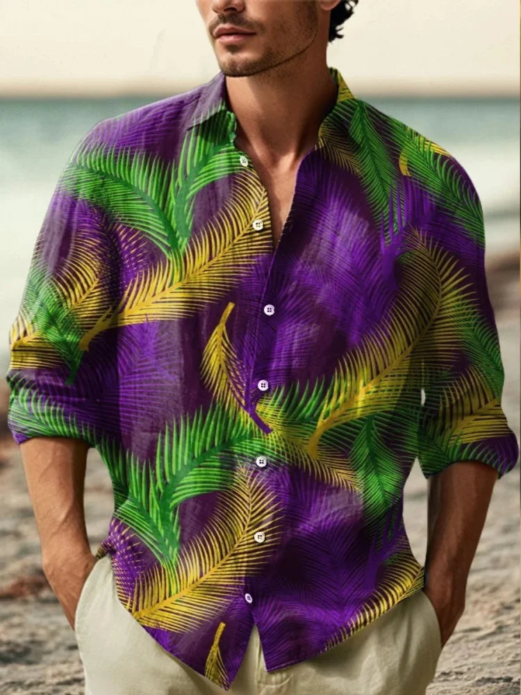 2025 Men's New Linen 3D Printed Long Sleeve Shirt Fashion Design Luxury Long Sleeve Shirt Four Seasons Lapel Button Shirt