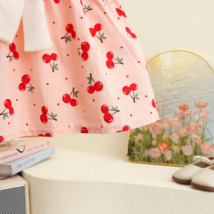 Baby Girl Dresses Summer Cherry Print Bow Short Sleeve Girls Dresses Cute Girls Casual Dresses