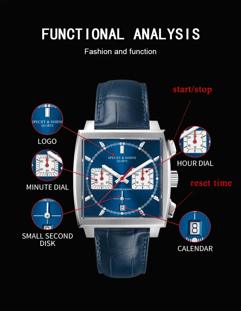Specht&Sohne Fashion Mens Watches Top Brand Luxury Watch For Men Blue Casual Waterproof Square Sports Wristwatches Reloj Hombre