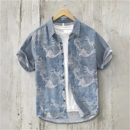 Hawaiian Shirt with Bamboo Joint, Plum Blossom, Sunrise Print, Japanese Art Linen, Leisure Holiday,  Cardigan, Flip Collar, New