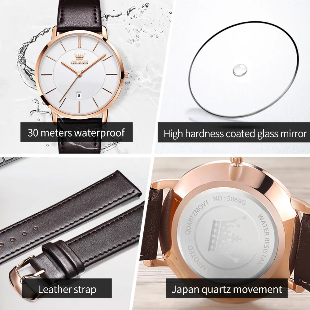 OLEVS 5869 Ultra Thin 6.5mm Quartz Watch for Men Fashion Leather Strap Simple Luxury Auto Date Clock Waterproof Men's Wristwatch