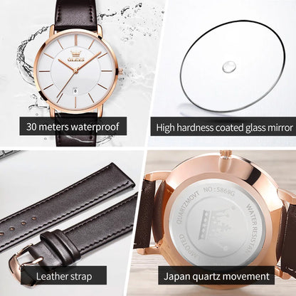 OLEVS 5869 Ultra Thin 6.5mm Quartz Watch for Men Fashion Leather Strap Simple Luxury Auto Date Clock Waterproof Men's Wristwatch