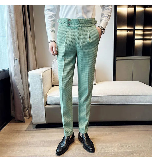 Top Brand Men Fashion Pantalones Hombre High Waist Waffle Business Casual Suit Pants Male Clothing Slim Fit Formal Wear Trousers