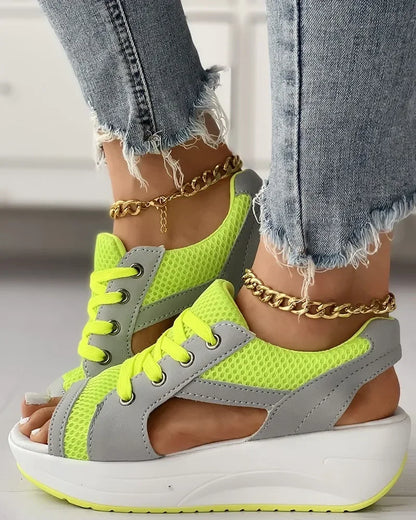 Summer Women Sandales  Shoes Casual Flat Peep Toe Contrast Paneled Cutout Lace-up Muffin Sandals Platform Sport Sneakers