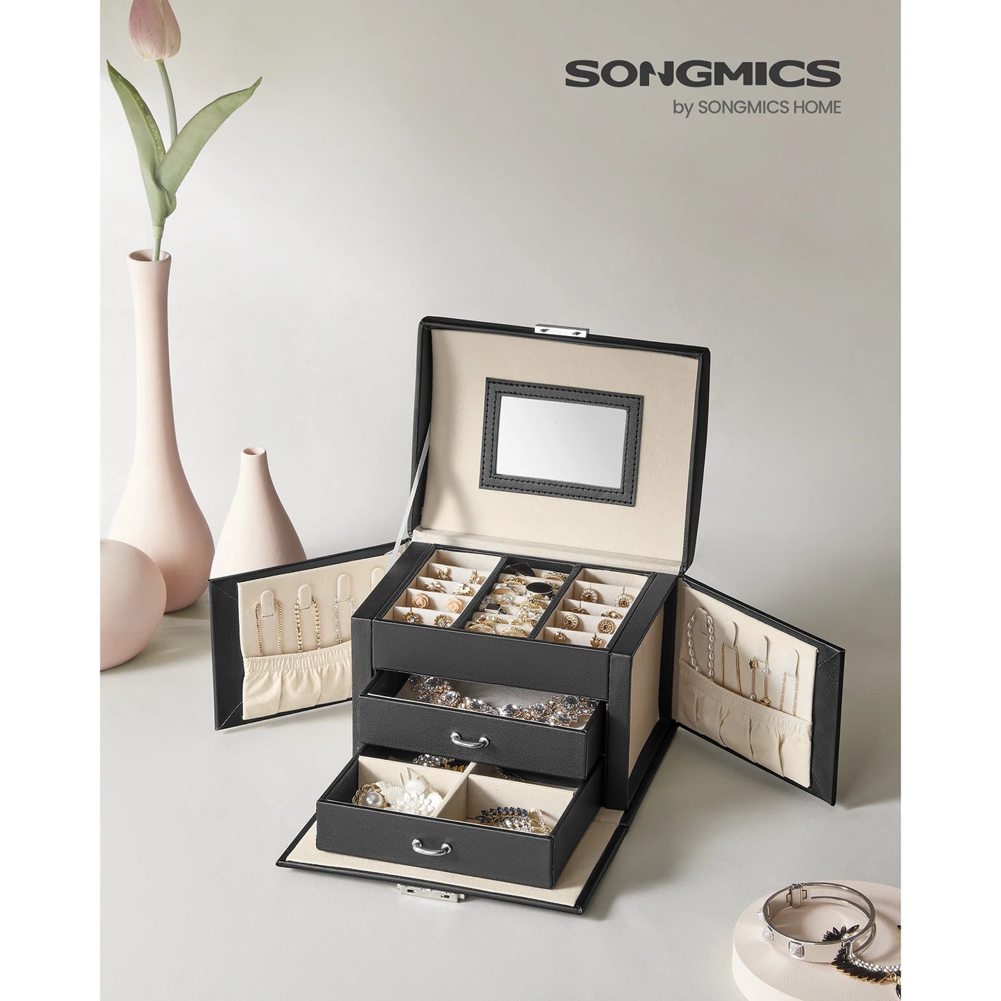 SONGMICS 3-TierJewellery Box,Lockable Organiser with Handle,2 Drawers,Travel Case with Mirror,Jewellery StorageModern Style Gift