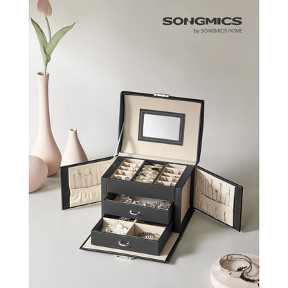SONGMICS 3-TierJewellery Box,Lockable Organiser with Handle,2 Drawers,Travel Case with Mirror,Jewellery StorageModern Style Gift