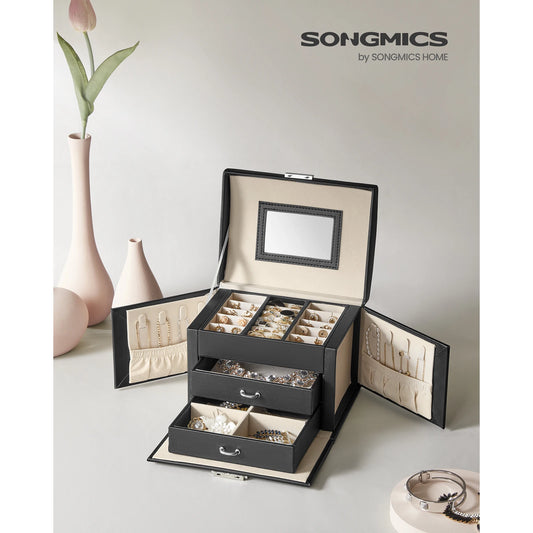 SONGMICS 3-TierJewellery Box,Lockable Organiser with Handle,2 Drawers,Travel Case with Mirror,Jewellery StorageModern Style Gift