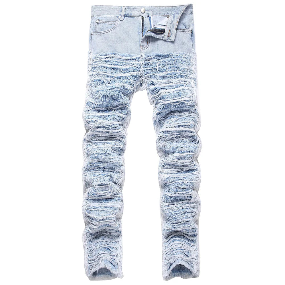 Men's Light Blue Fringe Denim Jeans Ripped Distressed Destroyed Streetwear Pants with Patches Patchwork Loose Fit Trousers