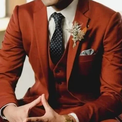 Burnt Orange Men's Suits 3 Pieces Single Breasted Notch Lapel Formal Wedding Full Set Jacket Pants Vest Slim Blazer Masculino