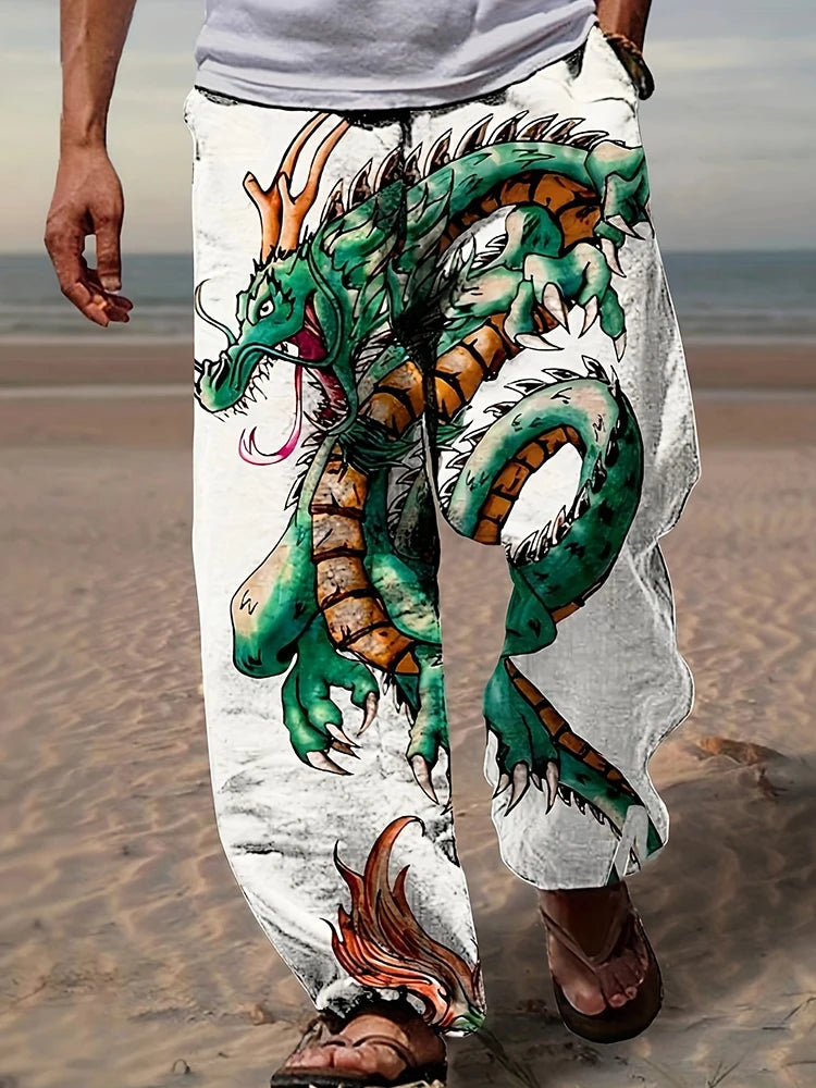 Spring Summer Men's Cool Touch Trousers Dragon Print Stretch Large Size Breathable Trousers Hawaii Beach Drawstring Trousers