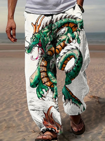 Spring Summer Men's Cool Touch Trousers Dragon Print Stretch Large Size Breathable Trousers Hawaii Beach Drawstring Trousers
