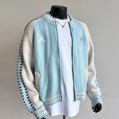 Retro Contrast Color Splicing Cardigan Couple Sweater Street Casual Loose Sports Y2K Top American Trendy Jacket Knitted Sweater
