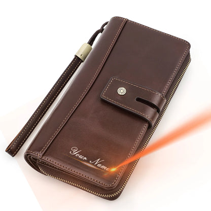 Men Clutch Wallets Casual Genuine Leather Long Wallet Zipper Coin Purse With Card Holder Large Capacity For Cell phones Engraved