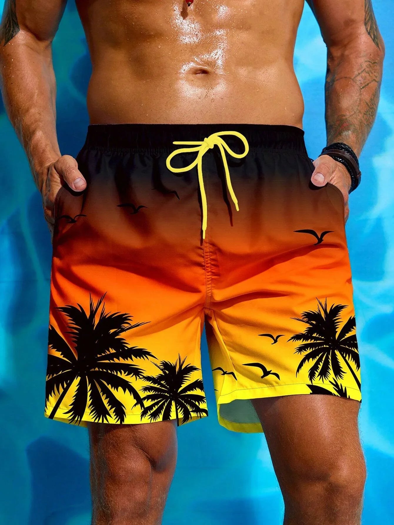 Summer Vacation Men's Palm Tree 3D Print Drawstring Waist Board Shorts Fashion Swim Trunks Print Breathable Short Streetwear