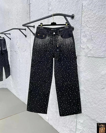 Vintage Full Diamond Sequined Shiny Jeans Y2K Clothes Mens Womens Harajuku Hip Hop Retro Baggy Jeans Low Waist Wide Leg Trousers