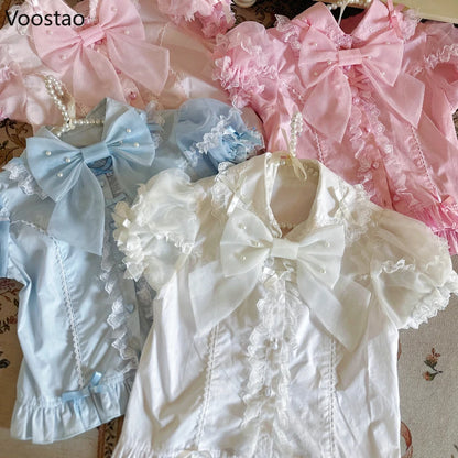Japanese Vintage Elegant Lolita Shirt Women Classical Sweet Long Sleeve Ruffles Bow Casual Blouses Tops Victorian Gothic Blusas