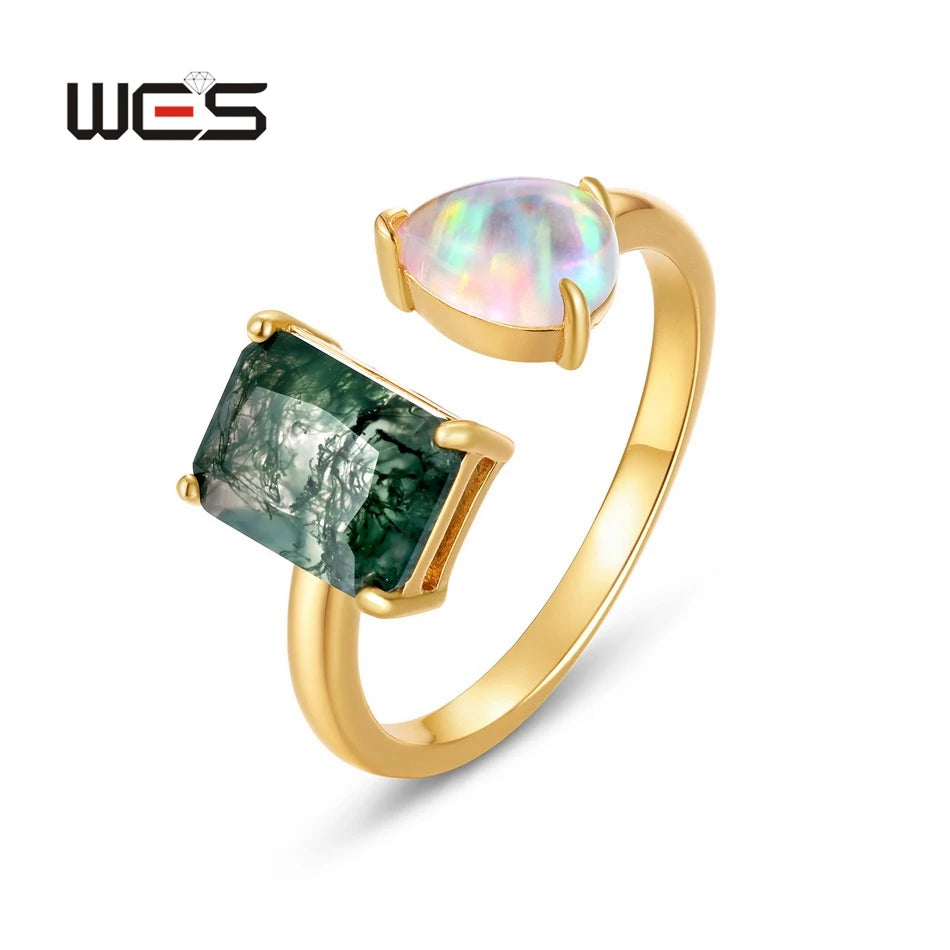WES 925 Sterling Silver Geometric Natural Moss Agate Adjustable Rings for Women Gemstone Opal Gold Plated Certified Jewelry Band