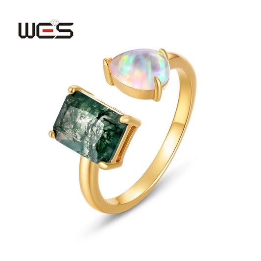 WES 925 Sterling Silver Geometric Natural Moss Agate Adjustable Rings for Women Gemstone Opal Gold Plated Certified Jewelry Band