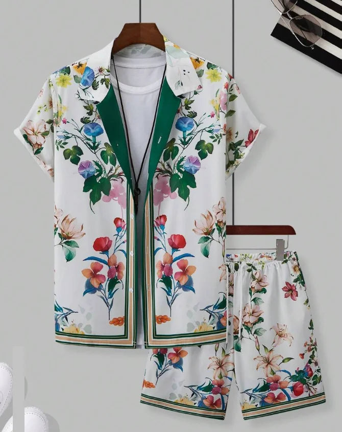 Hawaiian Shirt Set Men 3D Printed Blue White Porcelain Pattern Summer Fashion Casual Daily Oversized Shirt+shorts 2 Piece Set