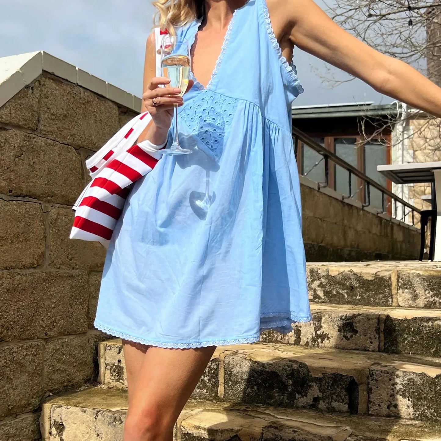 Women Summer Mini Tank Dress Sleeveless Deep V Neck Trendy Floral Eyelet Beach Dress