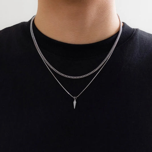 Hip-hop Fashion Double Layer Fold Wear Rivets Pendant Necklace Stainless Steel Clavicle Chain for Men Jewelry Accessories Gifts