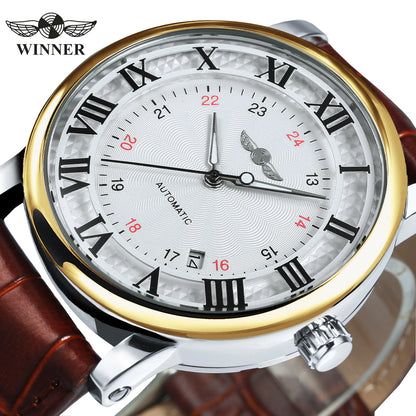 WINNER Automatic Watches Men Brand Luxury Simple Mechanical White Dial Leather Strap Calendar Clock Minimalist Wristwatches