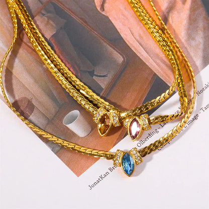 Colored Marquise eye stone necklaces stainless steel herringbone chain necklace for women minimalist dainty jewelry waterproof