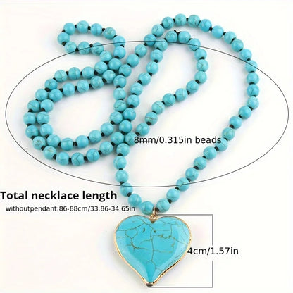 Ethnic style Creative turquoise necklace Women's heart pendant Vintage turquoise long necklace sweater chain