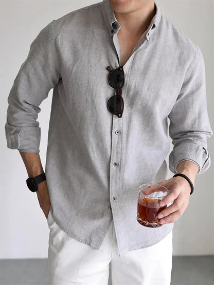 Mens American Cotton Linen Work Shirt Slim Fit Breathable Long Sleeve Business Casual Shirt Linen Sun Protection Shirt