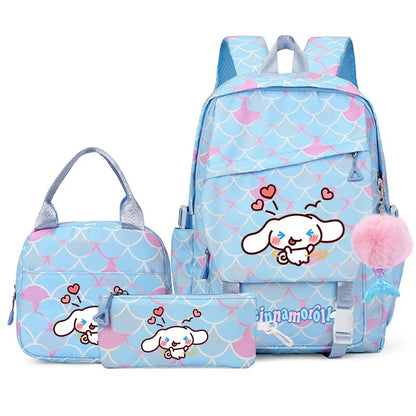 3Pcs Cinnamoroll Fish Scale Kid Backpack With Mermaid Pendant Lunch Girl School Bag Children Schoolbag For Teenage Girls