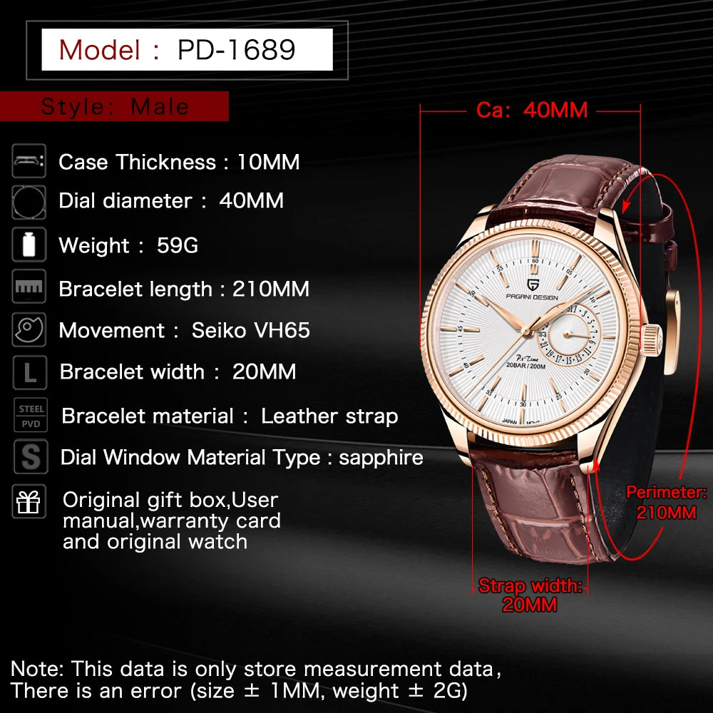 2025 New PAGANI DESIGN Mens Quartz Watches Gold Top Luxury Watch For Man Sapphire Mirror Waterproof Wristwatch Men Leather Clock