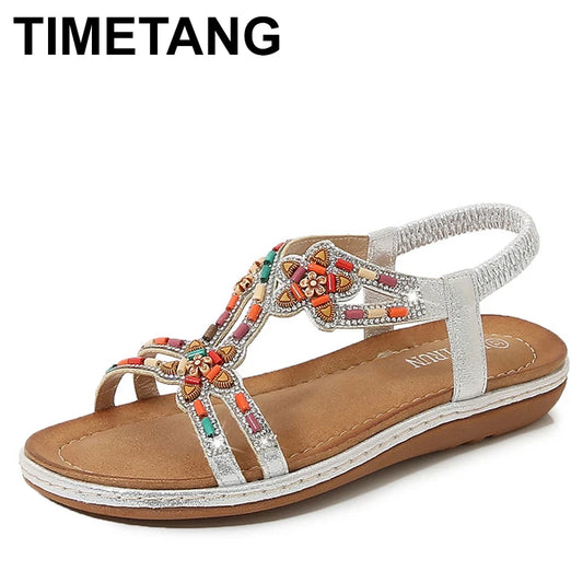 2024 Fashion Summer Bohemian Versatile Fashion Wooden Beads Water Diamond Slope Heels Large Sandals For Women Sandalias Planas