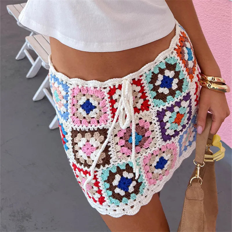 Women Floral Crochet Cover Up Mini Skirt Hollow Out Knit Bikini Swimsuit Coverups Skirt Summer Vacation Beach Skirts