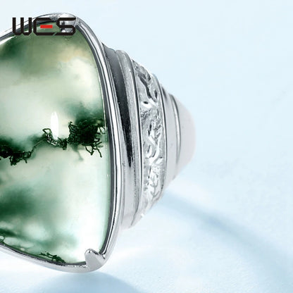 WES 925 Sterling Silver Moss Agate Rings for Woman Gemstone 10.5*15mm Certified Jewelry Wedding Gifts Anniversary Valentine Band