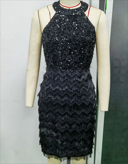 Prom Dress Tassel Sequin Patchwork Women Fashion Sexy Mini Welcome Dress Evening Dresses Party Club Elegant Cocktail Dress HY818