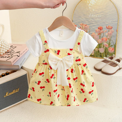 Baby Girl Dresses Summer Cherry Print Bow Short Sleeve Girls Dresses Cute Girls Casual Dresses