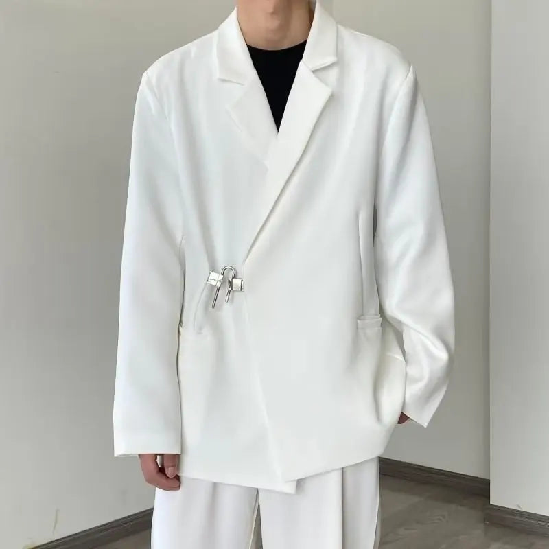 2025 Men's Korean Style Spring Casual Suit Jacekt Metal Buckle Male Loose  Male Solid Color Blazers Harajuku Long Sleeve Coats