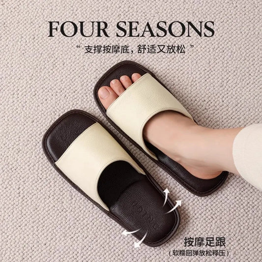 New Genuine Leather Slippers Men Square Open Toe Slides Shoes Home Mute Slippers Man Luxury Top Quality Guest Slipper Cowhide