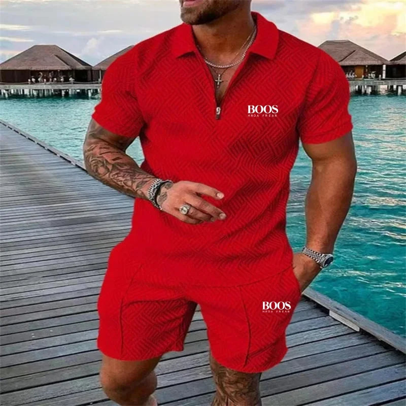 Summer men's embroidered high-quality zipper short sleeved shorts set, new fashionable and casual multifunctional beach set
