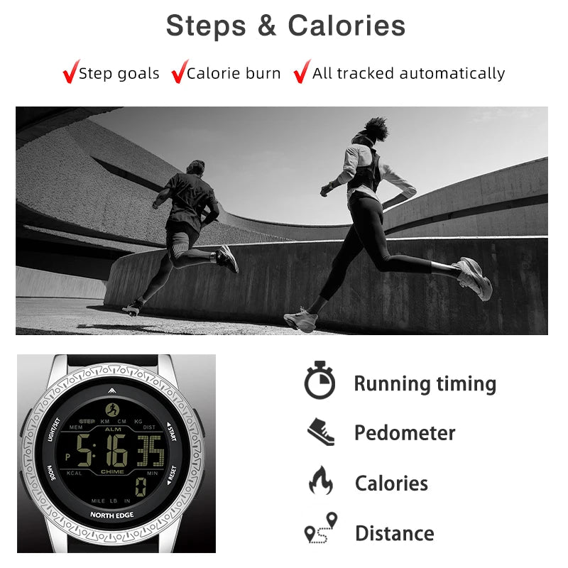 NORTH EDGE NEW APOLLO Men's Digital Watch Sports Waterproof 50M Wristwatches Dual Time Pedometer Stopwatch Alarm Clock For Women
