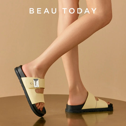 BEAUTODAY Casual Slippers Women Synthetic Leather Platform Buckle Band Roman Summer Outdoors Ladies Flat Shoes Handmade 34073