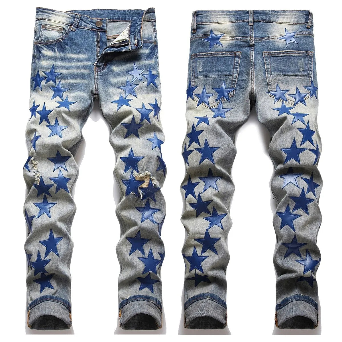 Men Straight Jean Denim Pants Jeans Loose Ankle Length Pant Pockets Casual Washed High Street Distressed Zipper Fly Spliced