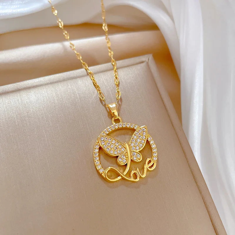 DIEYURO 316L Stainless Steel Butterfly Love Letter Pendant Necklace For Women Girl New Trend Clavicle Chain Jewelry Lady Gift